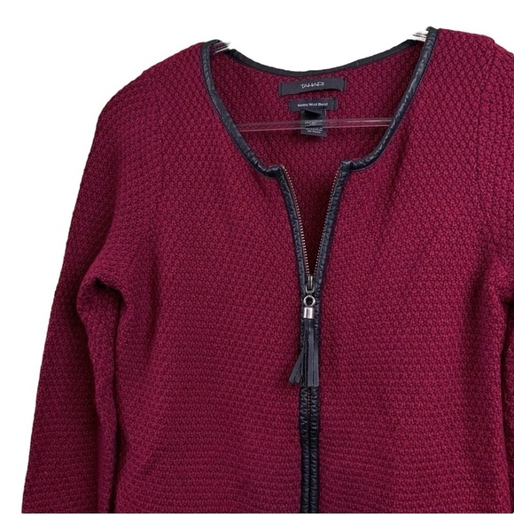 Tahari Merino Wool Knit Faux Leather Tassel Cardigan Sweater Red Black Size XS - Picture 3 of 7